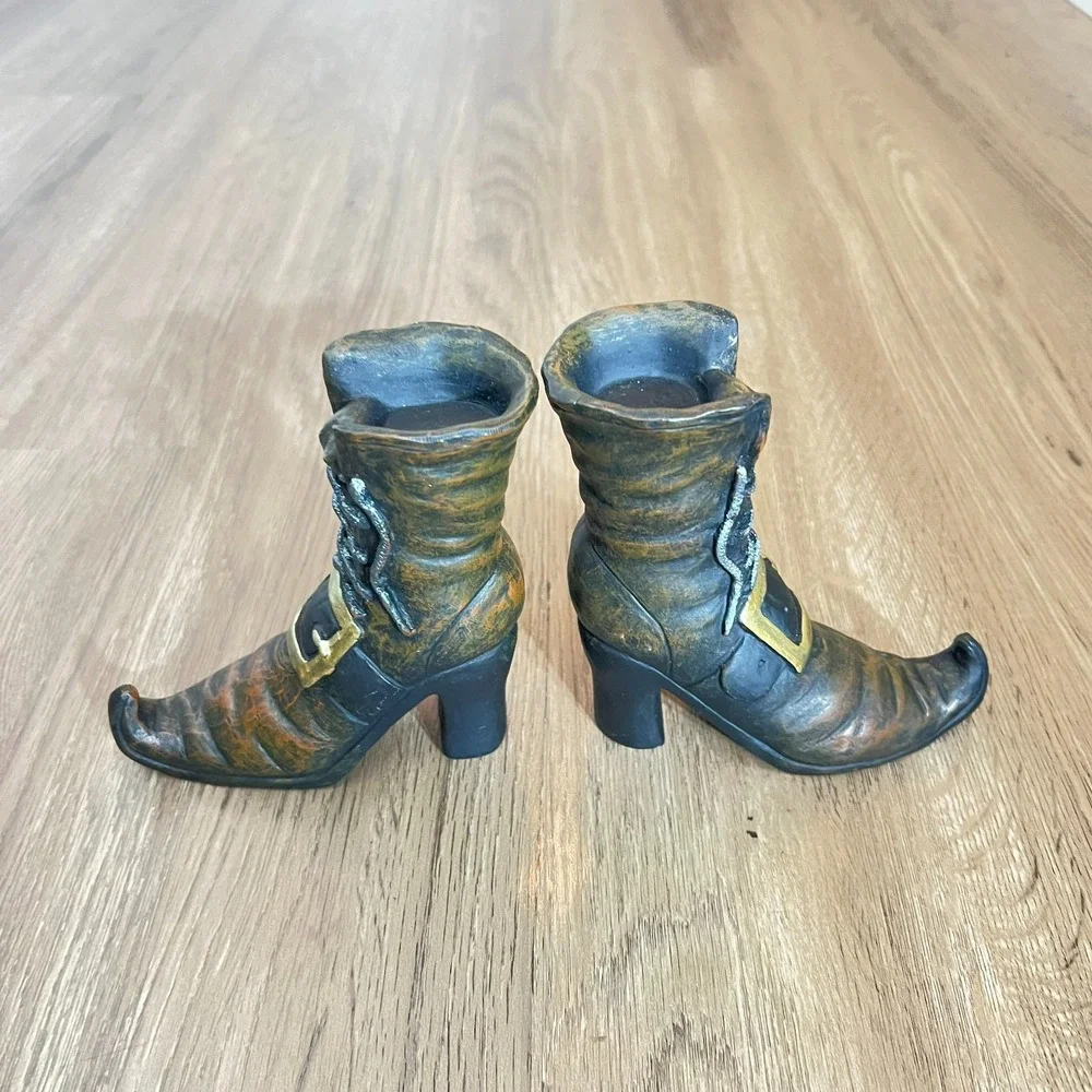 Martha Stewart Witch Boot Candle Holders Halloween Pair Black Gold 5.5 x 5 Inchs